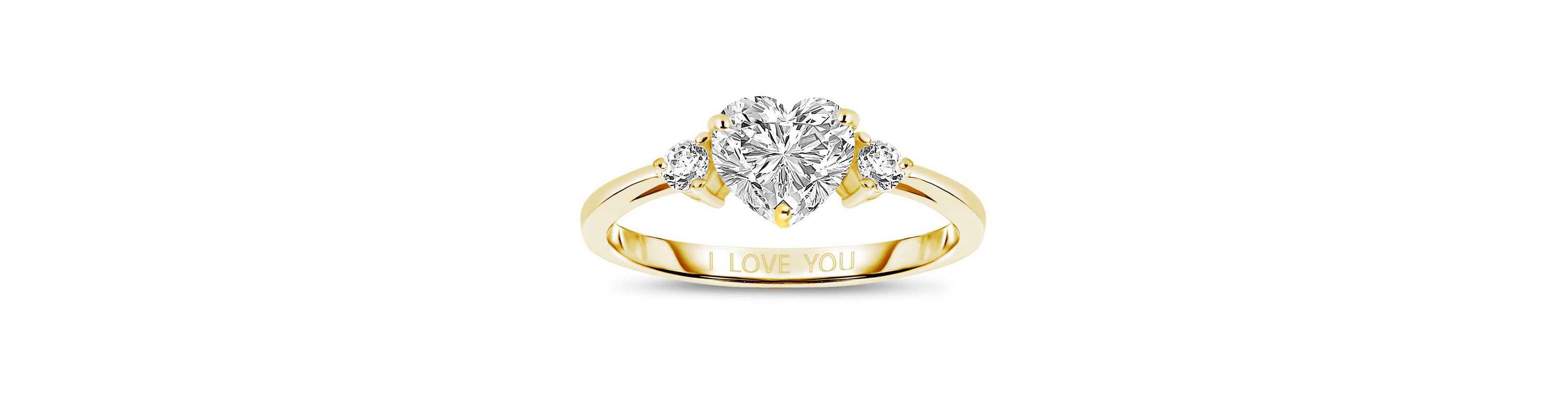 Lab Created Sterling Silver with 14K Gold Plated with Heart and Round Clear Moissanite Three-Stone "I Love You" Ring