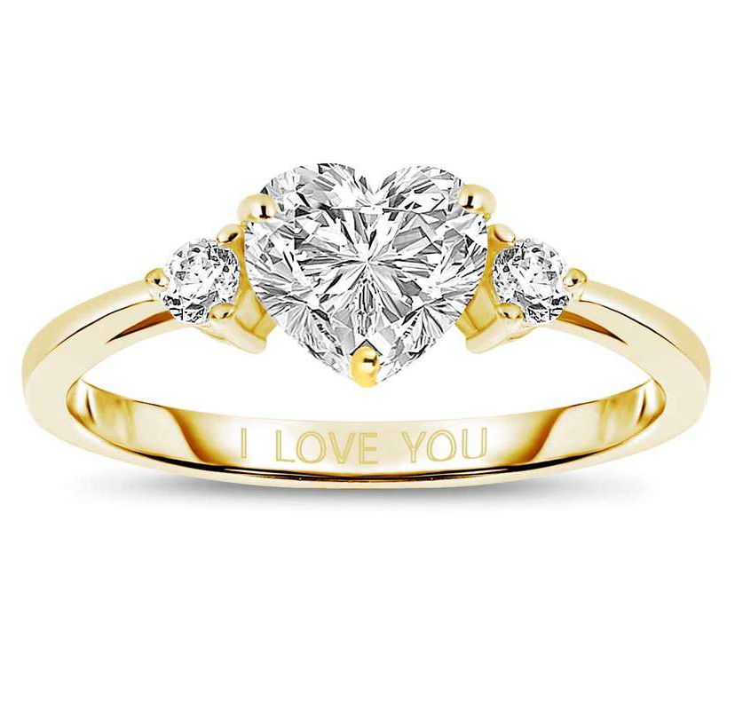 Lab Created Sterling Silver with 14K Gold Plated with Heart and Round Clear Moissanite Three-Stone "I Love You" Ring