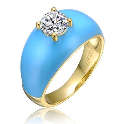 Rozzato Lab Created 14K Gold Plated with Clear Cubic Zirconia Blue Enamel Dome Ring for Teens