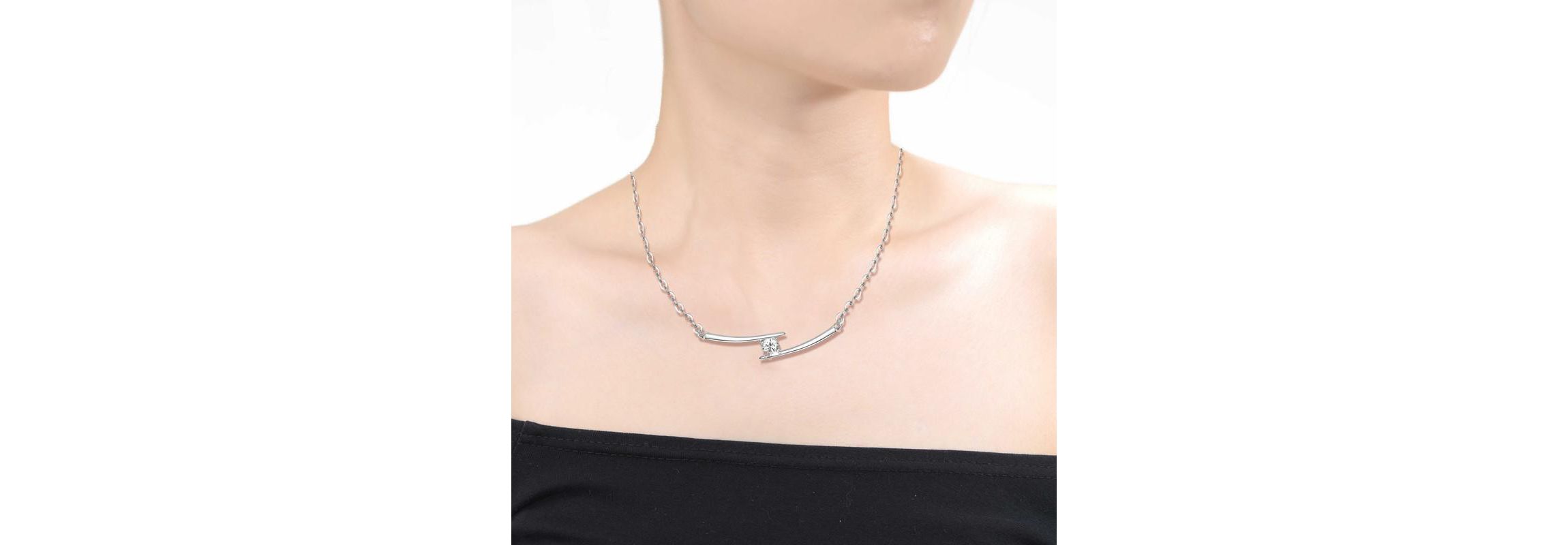 Lab Created Sterling Silver with Clear Cubic Zirconia Solitaire Double Bar Pendant Necklace