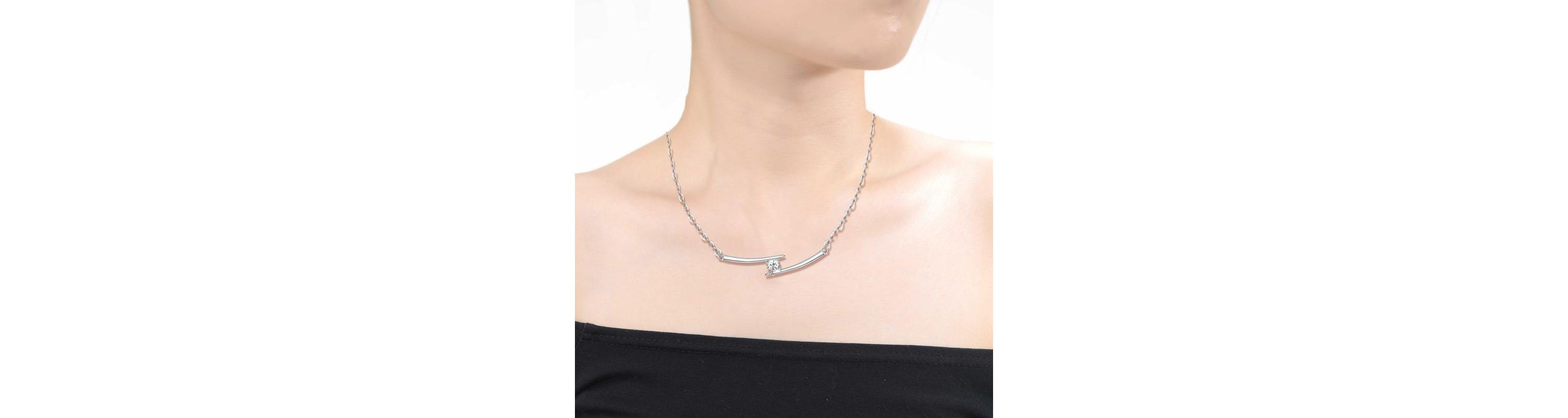Lab Created Sterling Silver with Clear Cubic Zirconia Solitaire Double Bar Pendant Necklace