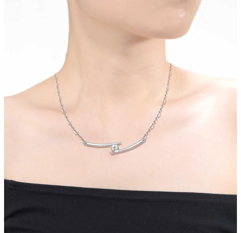 Lab Created Sterling Silver with Clear Cubic Zirconia Solitaire Double Bar Pendant Necklace