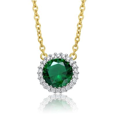 Rozzato Lab Created Sterling Silver Two-Tone with Colored Cubic Zirconia Round Colored Necklace with Gold Link Chain