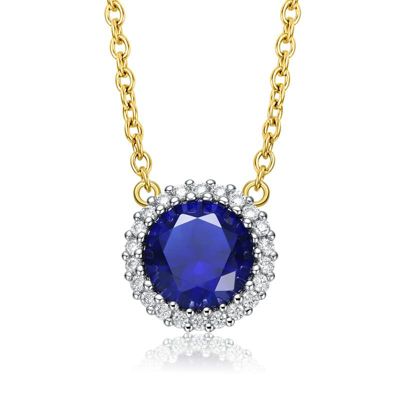 Rozzato Lab Created Sterling Silver Two-Tone with Colored Cubic Zirconia Round Colored Necklace with Gold Link Chain, Blue