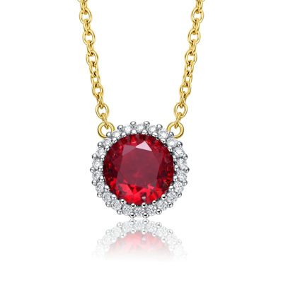 Rozzato Lab Created Sterling Silver Two-Tone with Colored Cubic Zirconia Round Colored Necklace with Gold Link Chain, Red