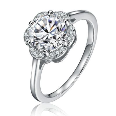 Rozzato Lab Created Sterling Silver White Gold Plated with Clear 3.5CT Round Lab-Grown Moissanite Flower Cluster Engagement Ring