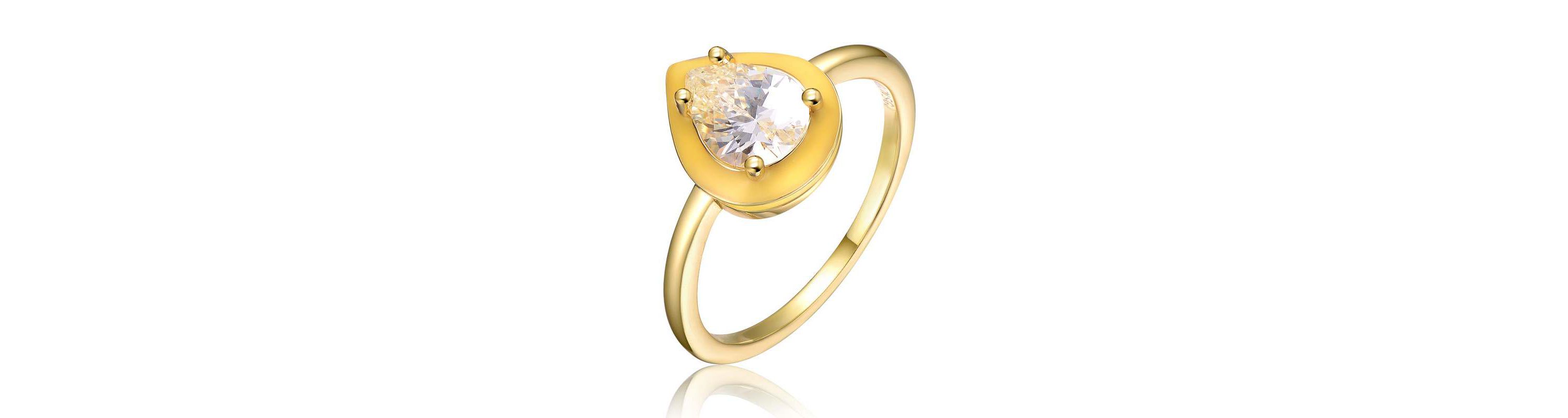 Lab Created 14K Gold Plated with Clear Pear Cubic Zirconia Yellow Enamel Promise Stacking Ring