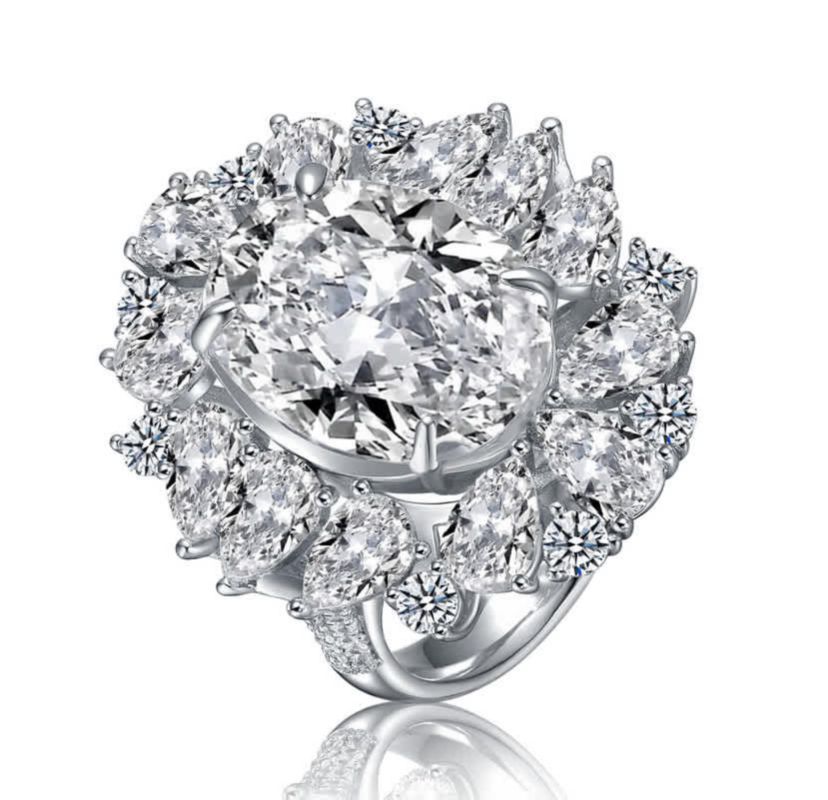 Lab Created White Gold Plated with Clear Cubic Zirconia Oval Cocktail Snowflake Cluster Ring