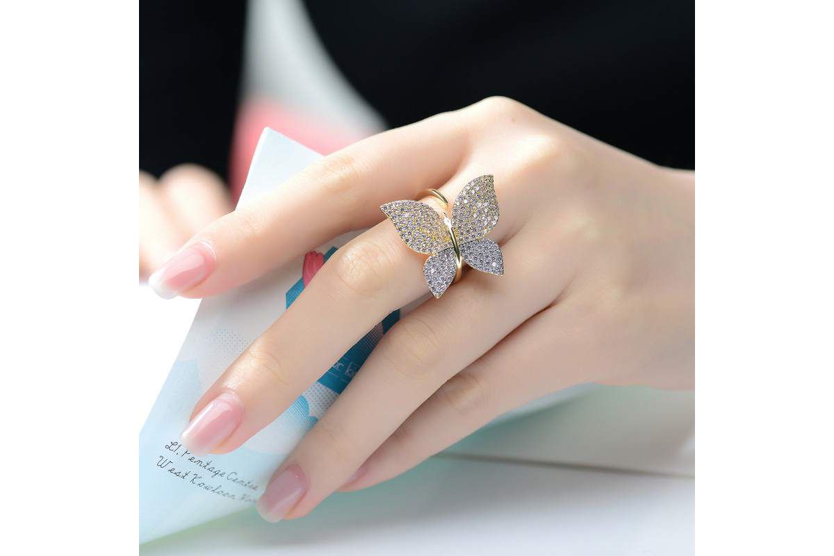 Lab Created 14K Gold Plated with Clear Cubic Zirconia Large Garden Butterfly Ring