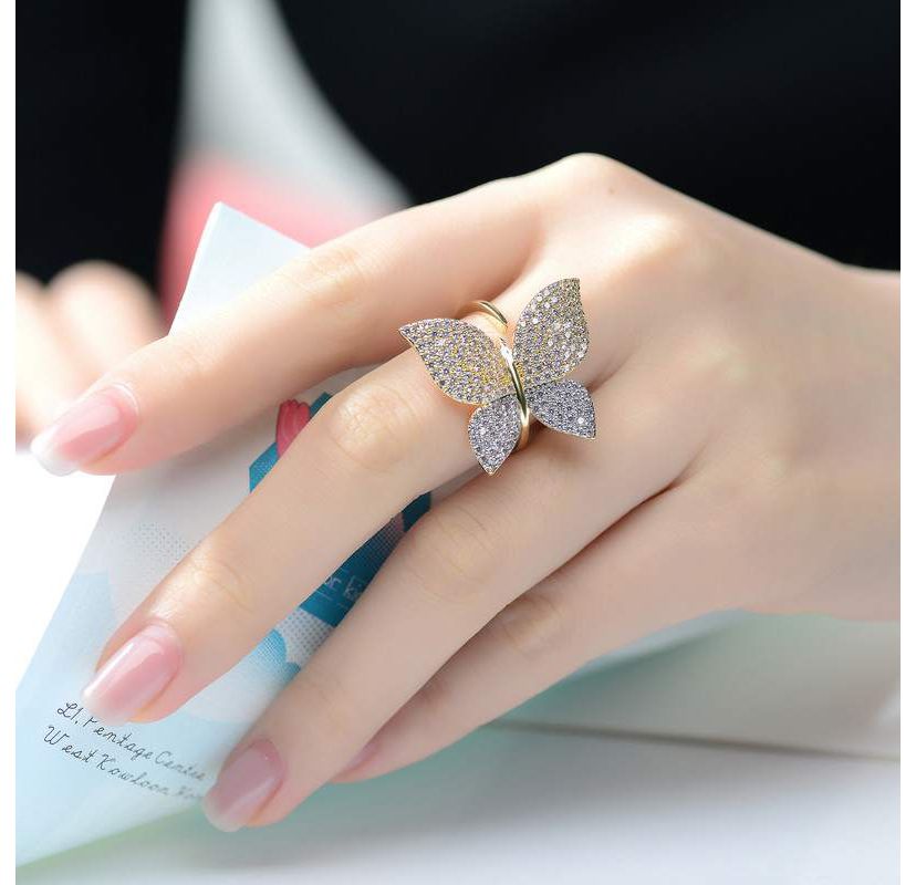 Lab Created 14K Gold Plated with Clear Cubic Zirconia Large Garden Butterfly Ring