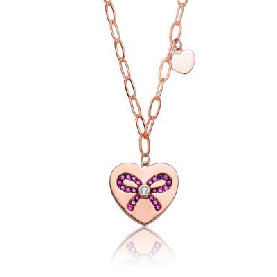 Rozzato Lab Created Sterling Silver with Clear Cubic Zirconia Heart Paper Clip Chains Necklace, Pink
