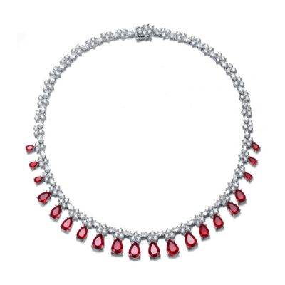 Rozzato Lab Created Sterling Silver White Gold Plated with Colored Cubic Zirconia Marquise Drop Necklace, Red
