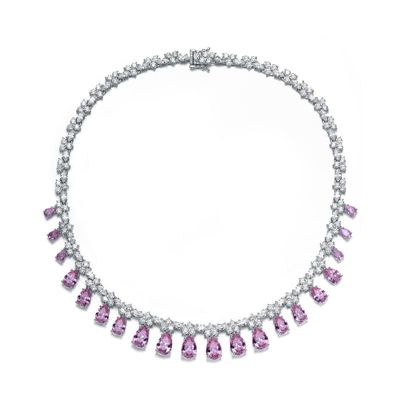Rozzato Lab Created Sterling Silver White Gold Plated with Colored Cubic Zirconia Marquise Drop Necklace, Pink