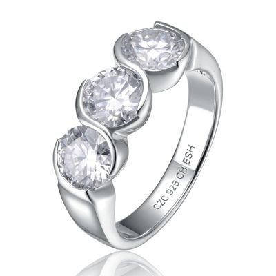 Rozzato Sterling Silver White Gold Plated with Clear 1ctw Lab Created Moissanite 3-Stone Anniversary Ring, 6