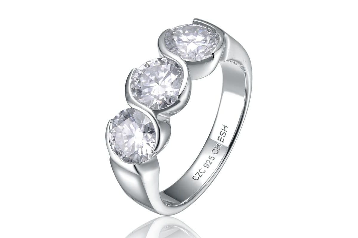Sterling Silver White Gold Plated with Clear 1ctw Lab Created Moissanite 3-Stone Anniversary Ring