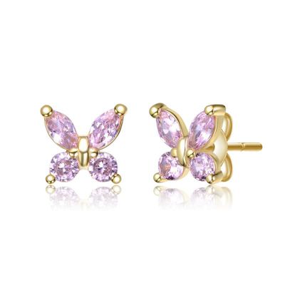 Rozzato Lab Created Sterling Silver 14K Gold Plated with Colored Marquise Cubic Zirconia Flower Butterfly Stud Earrings for Kids, Pink