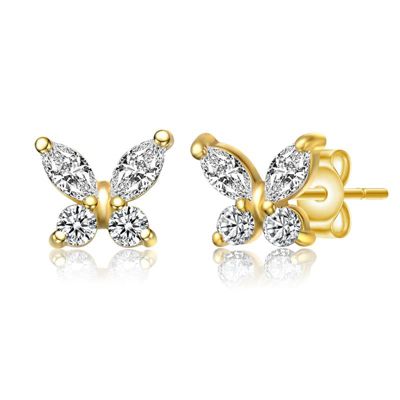 Rozzato Lab Created Sterling Silver 14K Gold Plated with Colored Marquise Cubic Zirconia Flower Butterfly Stud Earrings for Kids