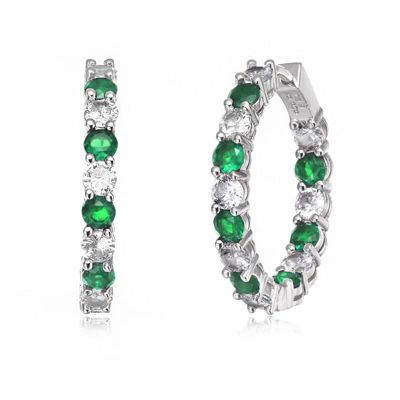 Rozzato Lab Created White Gold Plated with Colored Cubic Zirconia Inside Out Hoop Earrings, Green