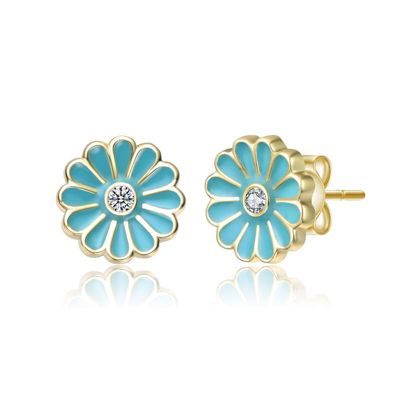 Rozzato Lab Created Sterling Silver 14K Gold Plated with Clear Cubic Zirconia & Colored Enamel Flower Stud Earrings for Kids
