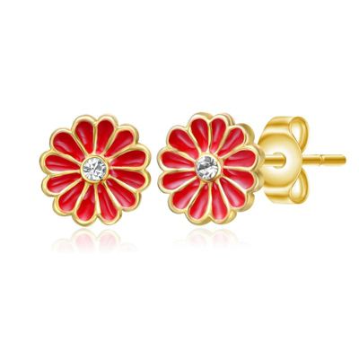 Rozzato Lab Created Sterling Silver 14K Gold Plated with Clear Cubic Zirconia & Colored Enamel Flower Stud Earrings for Kids, Red