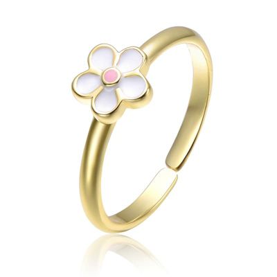 Rozzato Sterling Silver 14K Gold Plated with Pink Enamel Flower Daisy Adjustable Ring for Kids