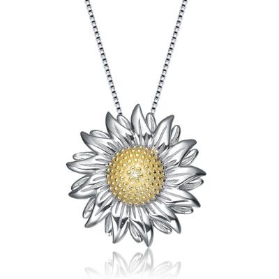 Lab Created Rozzato Sterling Silver Two Tone with Clear Cubic Zirconia Flower Shaped Pendant Necklace