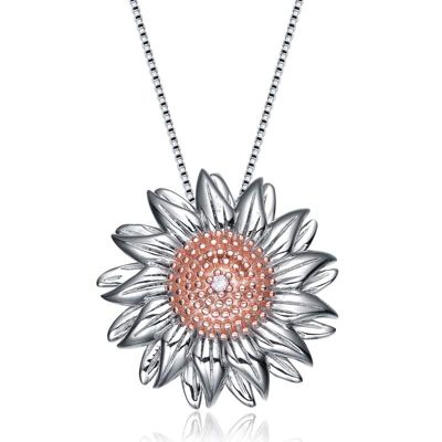Lab Created Rozzato Sterling Silver Two Tone with Clear Cubic Zirconia Flower Shaped Pendant Necklace, Gold