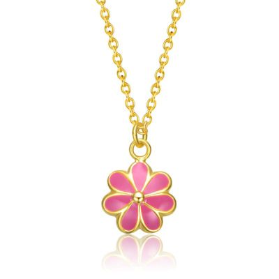 Rozzato Sterling Silver 14K Gold Plated with Colored Enamel Daisy Flower Charm Necklace for Kids, Pink