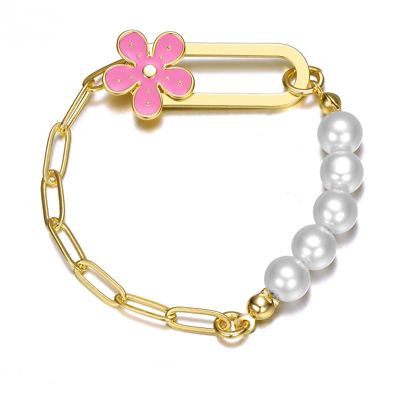 Rozzato 14K Gold Plated with Colored Enamel & Pearls Flower Bracelet for Kids, Pink