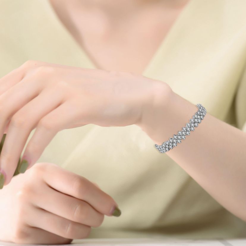 Lab Created Stylish White Gold Plated Cubic Zirconia Three Row Bracelet