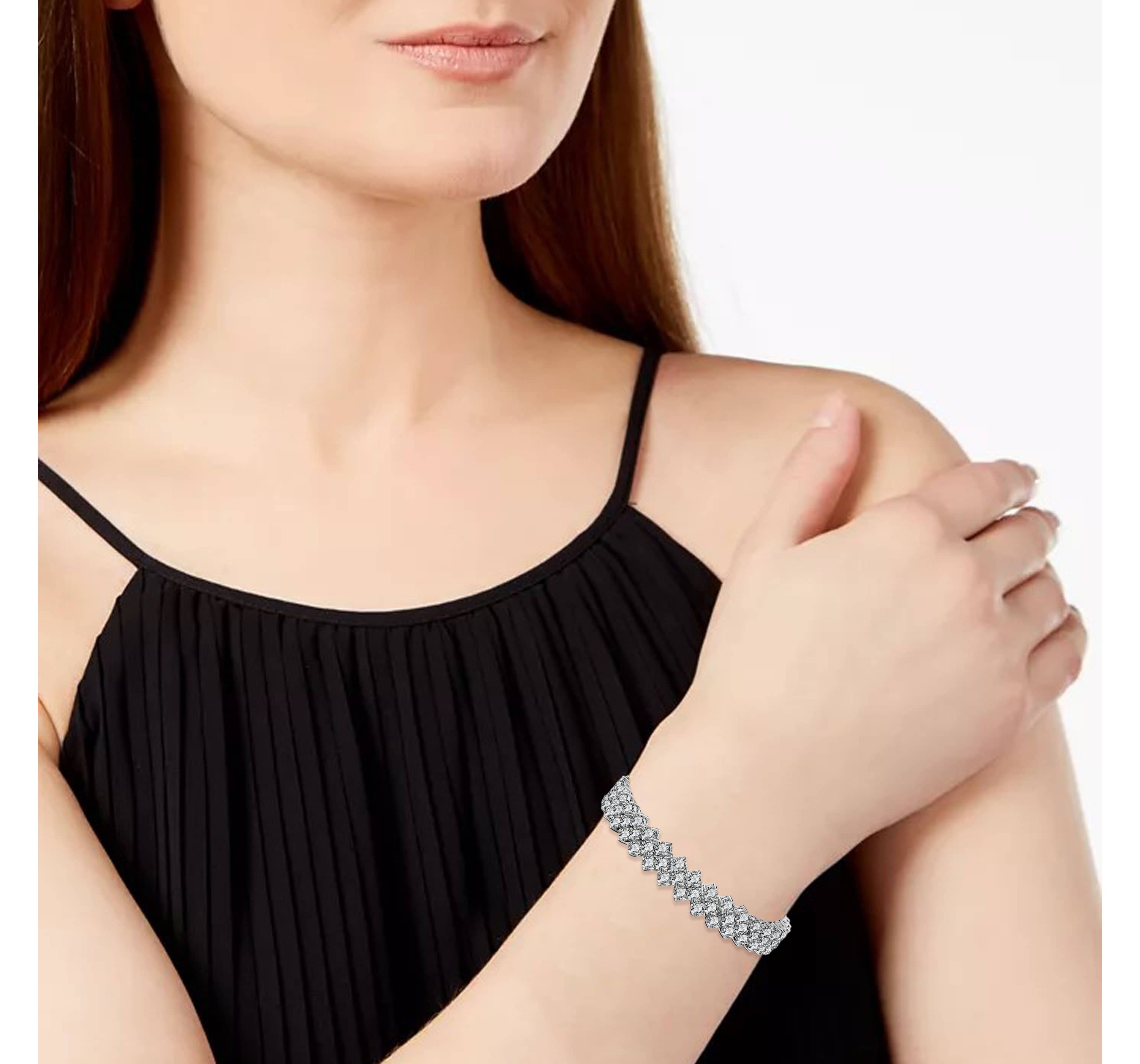 Lab Created Stylish White Gold Plated Cubic Zirconia Three Row Bracelet