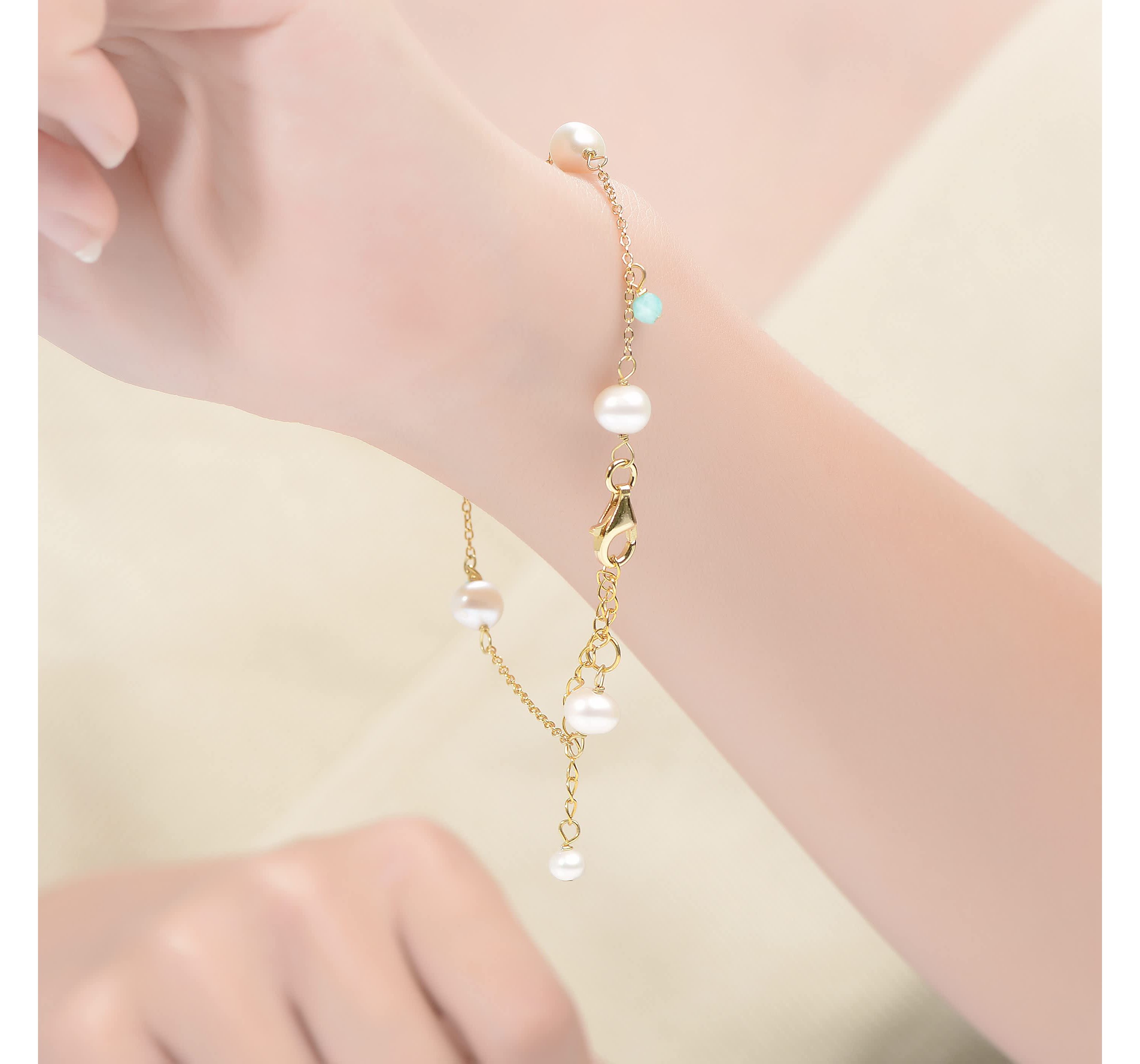 Lab Created 14K Gold Plated Bracelet with Lustrous Pearls