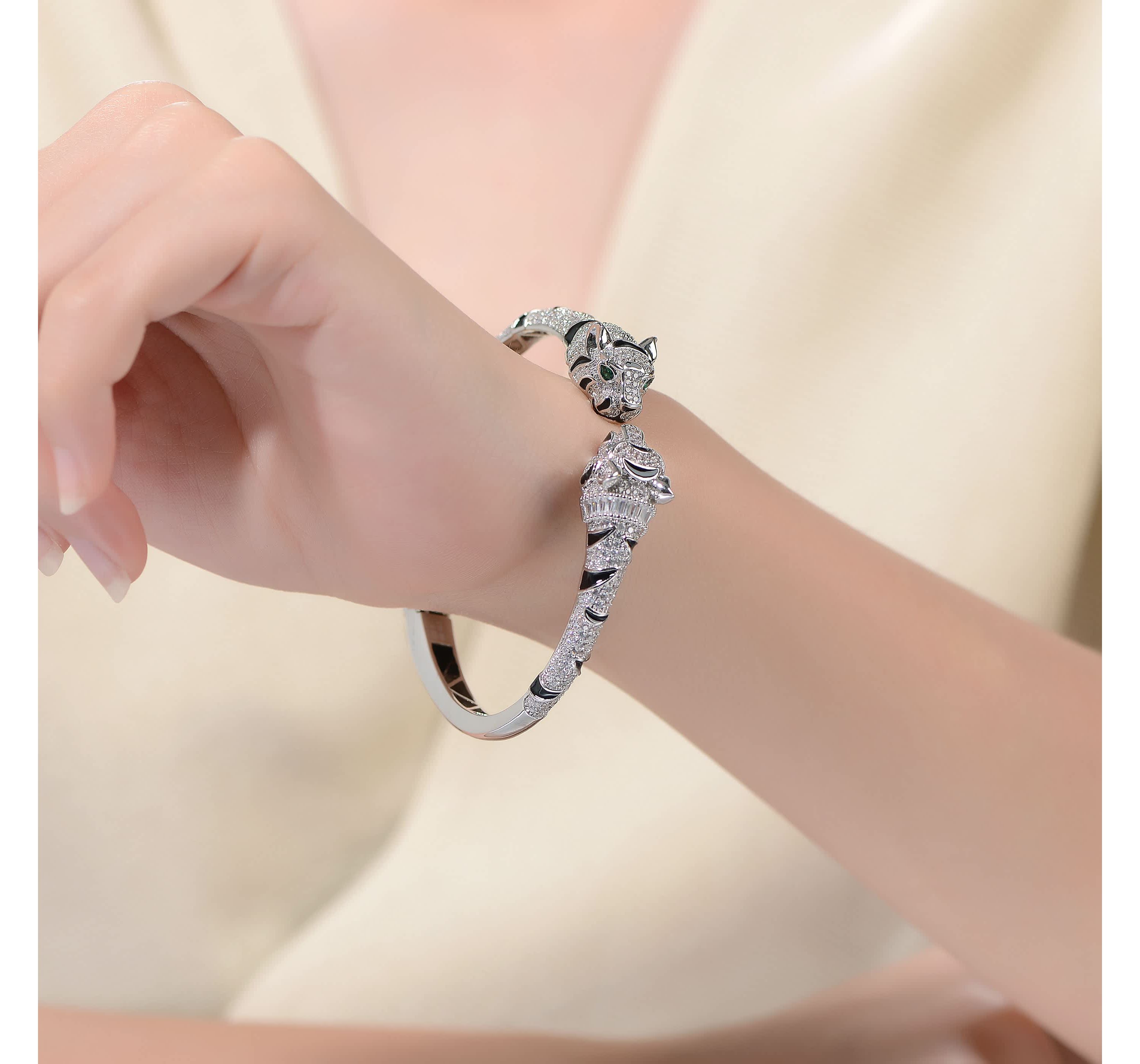 Lab Created White Gold Plated Bendable Panther Bangle Bracelet