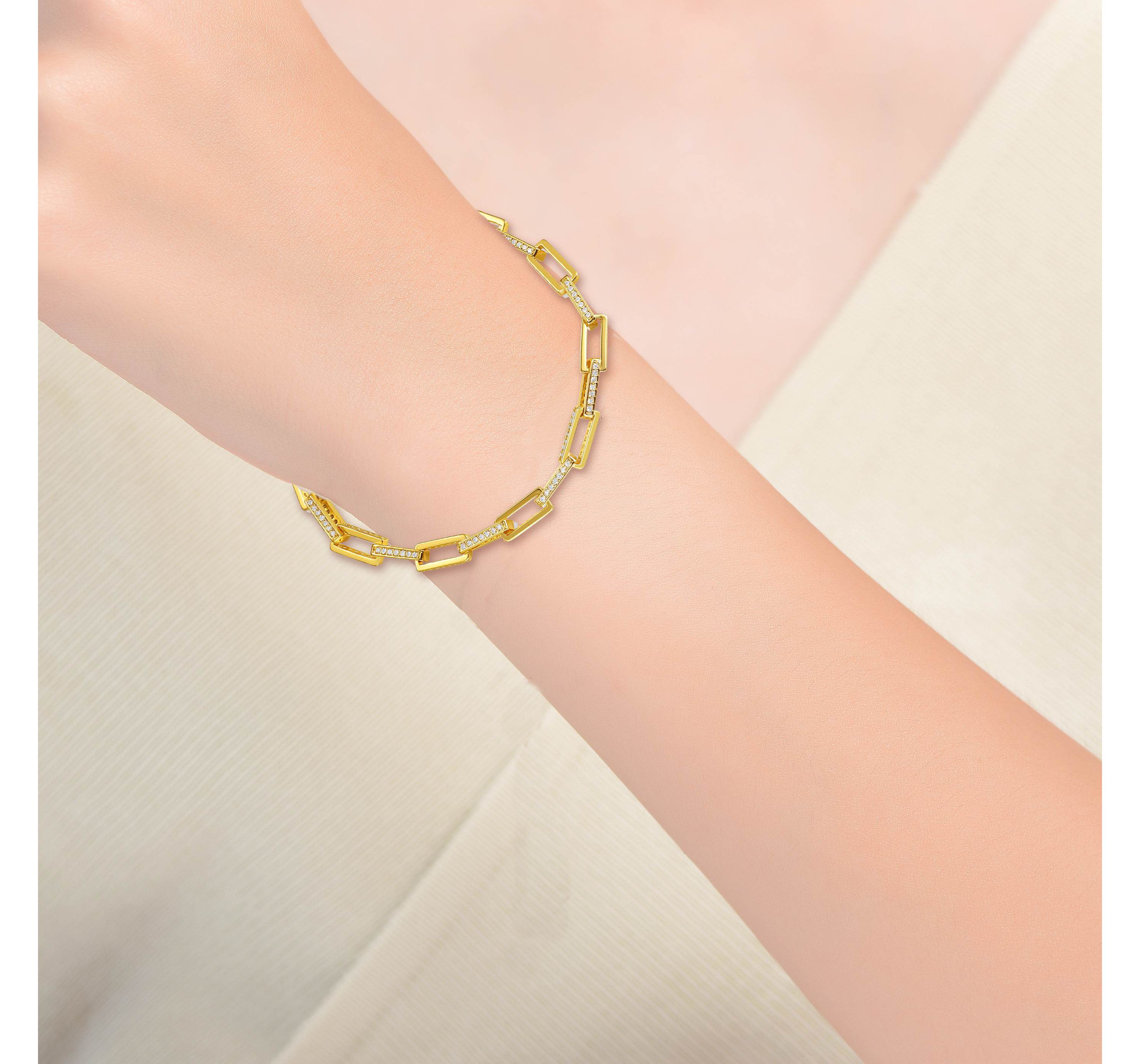 Lab Created 14k Gold Plated with Cubic Zirconia Rectangular Cable Link Adjustable Bracelet
