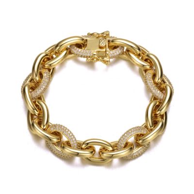 Rozzato Lab Created Men's 14k Yellow Gold Plated with Cubic Zirconia Chunky Tubular Oval Cable Chain Bracelet