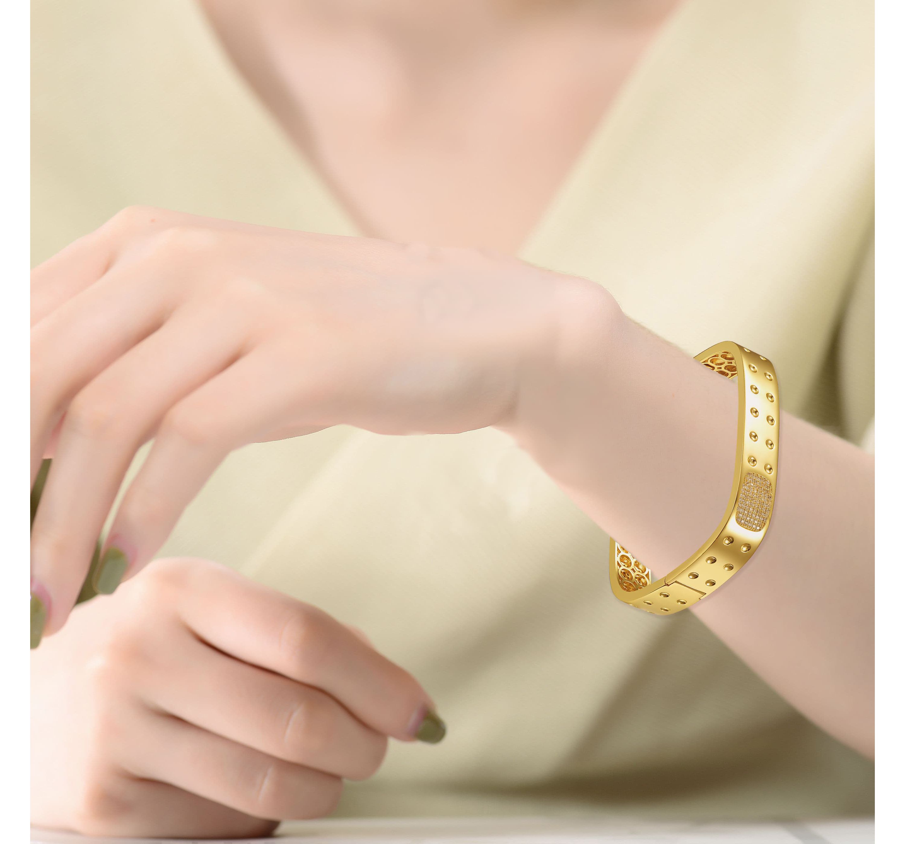 Lab Created 14k Gold Plated with Cubic Zirconia Textured Geometric Square Bangle Bracelet
