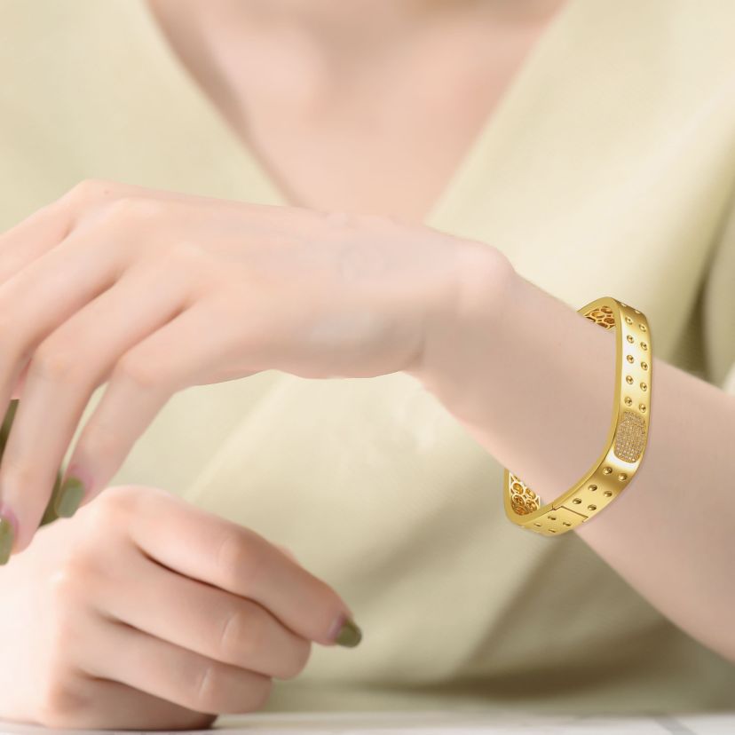 Lab Created 14k Gold Plated with Cubic Zirconia Textured Geometric Square Bangle Bracelet