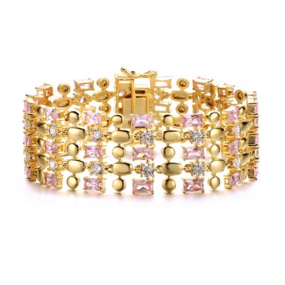 Rozzato Lab Created Exquisite 14K Gold-Plated Pink & Cubic Zirconia Geometric Mesh Link Bracelet, Blue