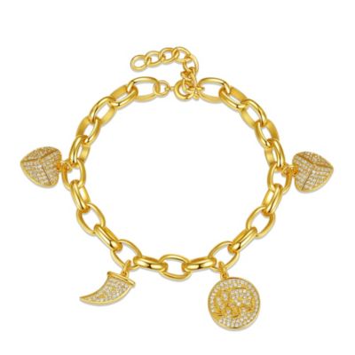 Rozzato Lab Created Kids/Young Teens 14k Yellow Gold Plated with Cubic Zirconia Tusk, Elephant & Heart Dangle Charm Adjustable Bracelet
