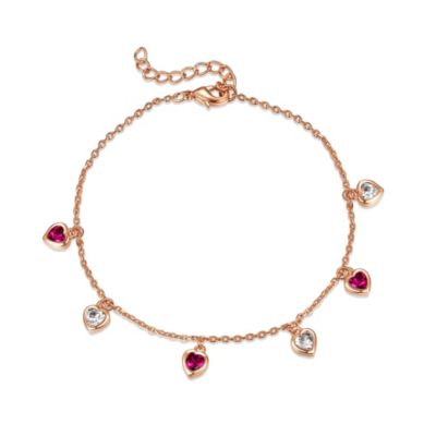 Rozzato Lab Created 18k Rose Gold Plated with Red & White Cubic Zirconia stones Heart Dangle Charm Adjustable Bracelet