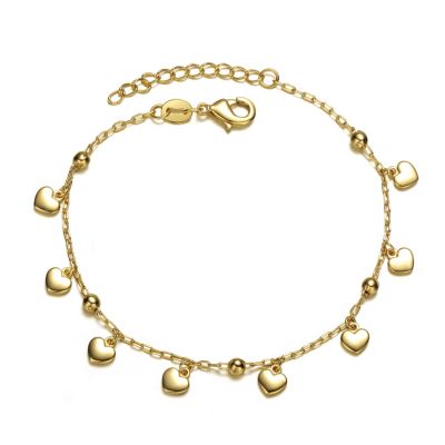 Rozzato Lab Created 14k Yellow Gold Plated Beaded Heart Charm Station Bracelet - Adjustable w/ Extension Chain