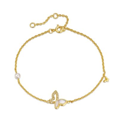 Rozzato Lab Created 14k Yellow Gold Plated with Mother of Pearl and Cubic Zirconia Butterfly Charm Rope Bracelet with Adjustable Extension Chain