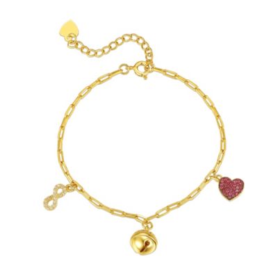 Rozzato Lab Created 14k Yellow Gold Plated with Red & Cubic Zirconia Heart, Cowbell, and Infinity Dangle Charm Bracelet