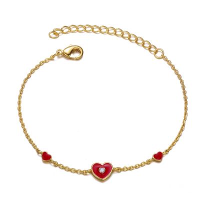 Rozzato Lab Created 14k Yellow Gold Plated Adjustable Bracelet with Heart charms and Red Enamel for Kids