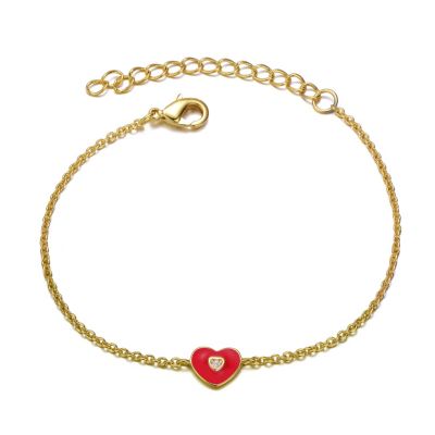 Rozzato Lab Created 14k Yellow Gold Plated Adjustable Bracelet with Heart Charm and Red Enamel for Kids