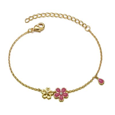 Rozzato Lab Created Kids 14k Gold Plated Pink Flower Charm Bracelet, Blue