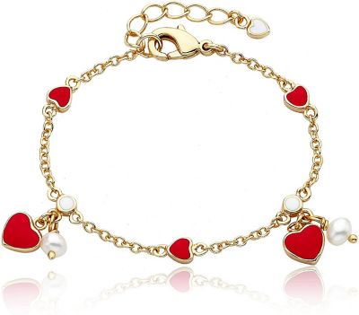 Rozzato Lab Created 14k Yellow Gold Plated with Red Enamel Heart and pearl Dangle Charm Bracelet for Toddler/Kids