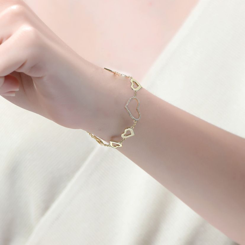 Lab Created 14k Yellow Gold Plated with Cubic Zirconia Heart Halo Charm Bracelet