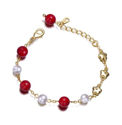 Rozzato Lab Created 14k Yellow Gold Plated Adjustable Bracelet with Star Charms and Round Pearls for Kids