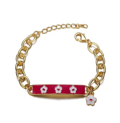 Rozzato Lab Created 14k Yellow Gold Plated Bar Bracelet with Hot Pink Enamel and a Flower Charm for Kids, Blue